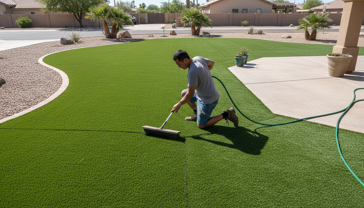 Overhead view of a technician cleaning artificial turf in a residential backyard.