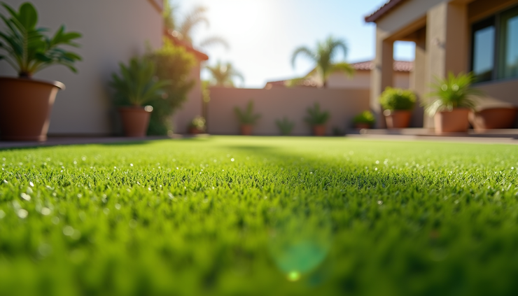 Eye-level view of clean artificial turf in a Phoenix backyard with bright sunlight