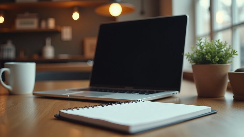 Eye-level view of a cozy workspace with a laptop and a notebook