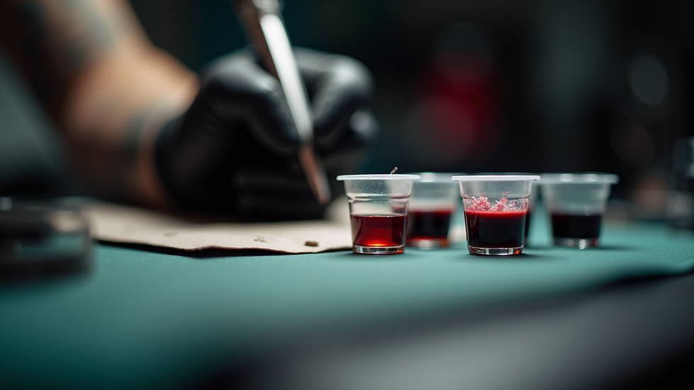 Close-up view of tattoo equipment and ink cups ready for use