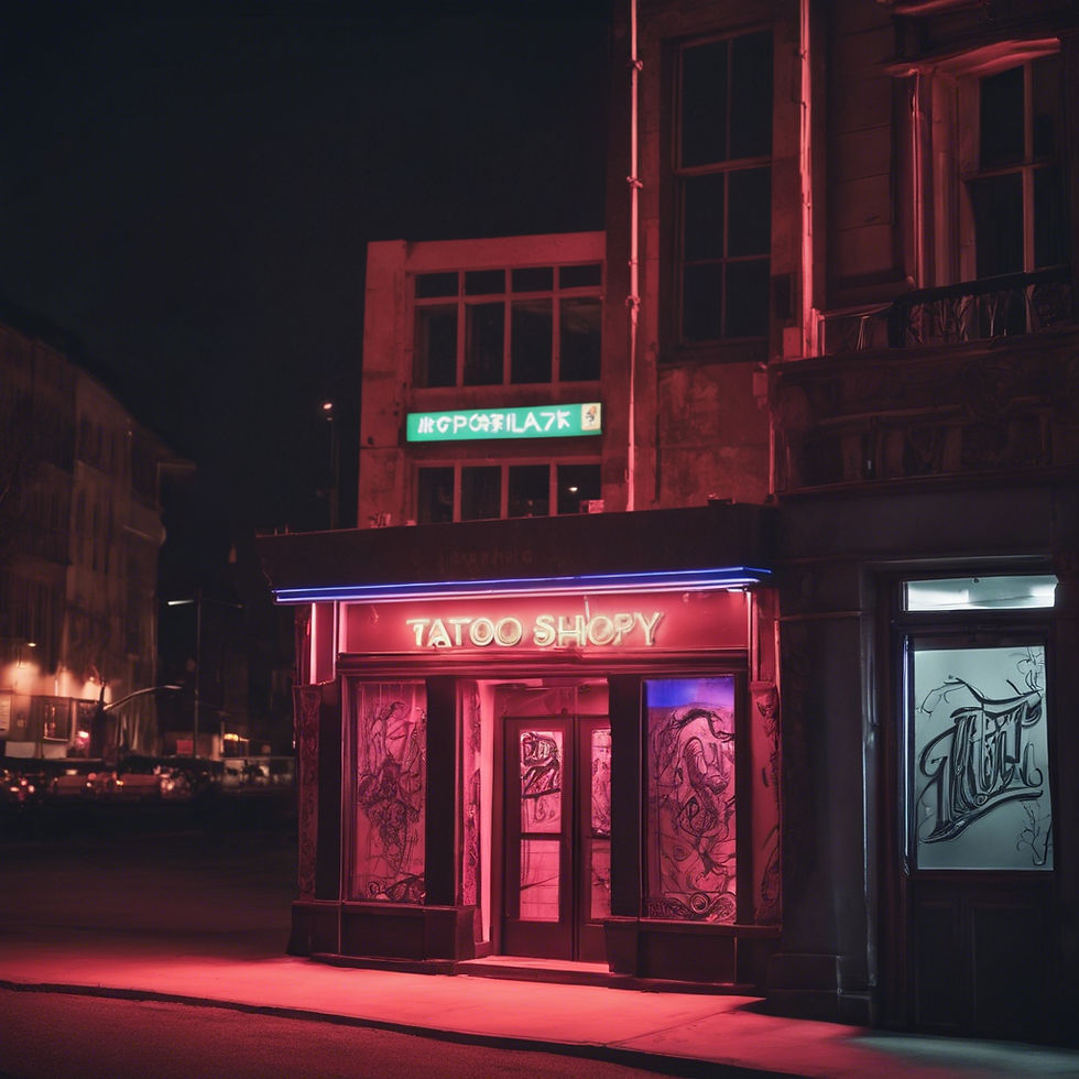Eye-level view of a neon sign outside a 24-hour tattoo shop