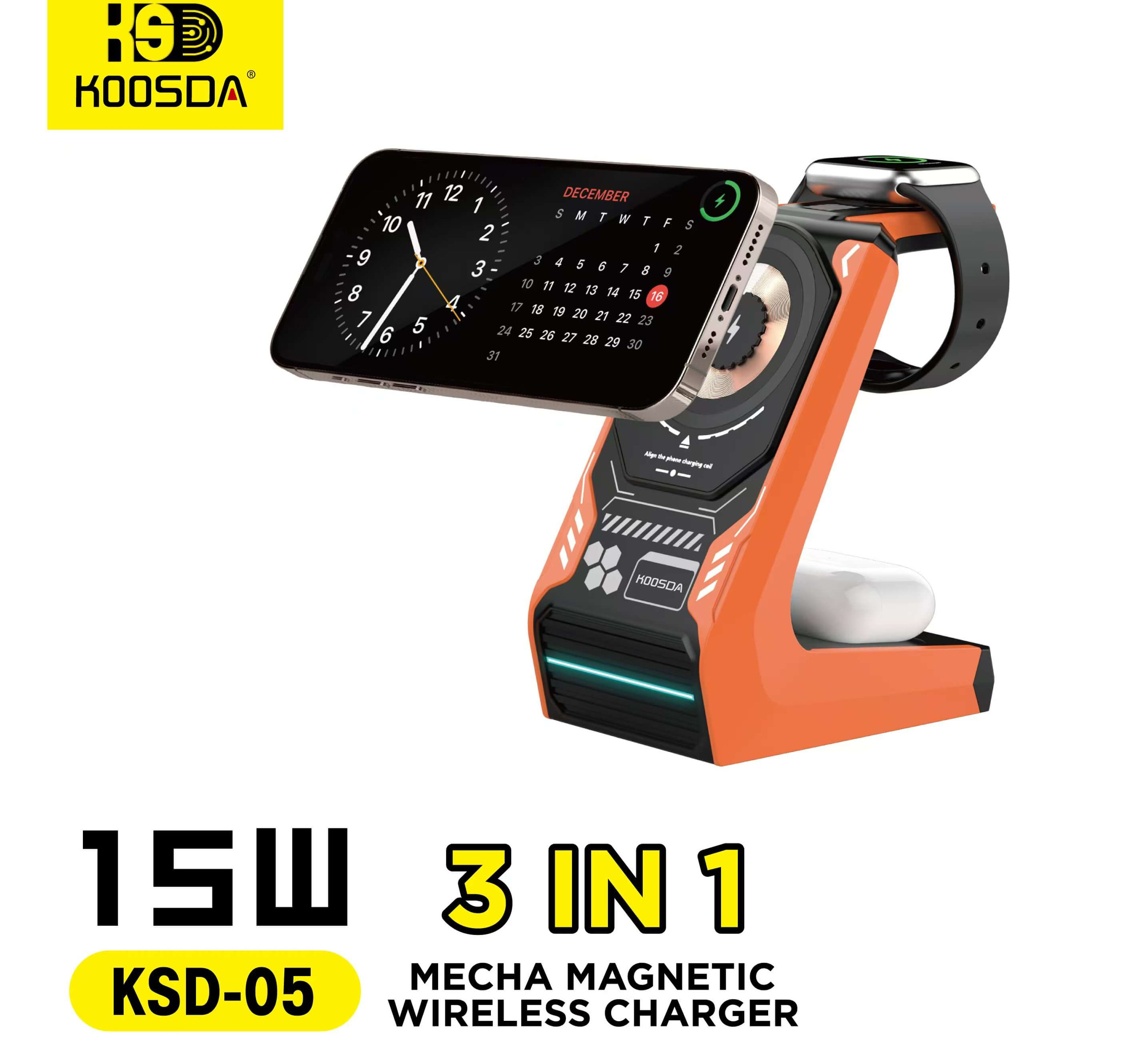 KSD-05 3-IN-1 Mecha Magnetic Wireless Charger