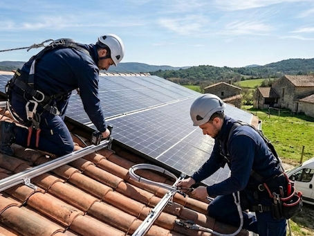 Équipe RPI en cours d'installation de panneaux solaires sur un toit à Alès, van RPI-solaire.fr visible en arrière-plan