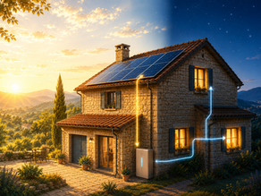 Maison avec panneaux photovoltaïques et batterie de stockage domestique, illustration autoconsommation solaire RPI - Réseau Photovoltaïque Indépendant