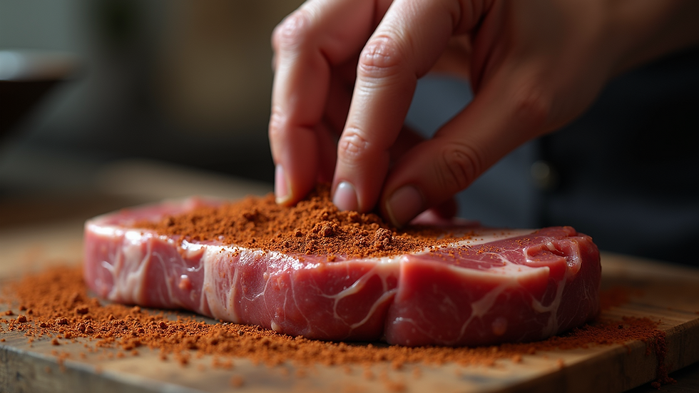 Close-up view of a hand applying BBQ rub to a piece of raw meat