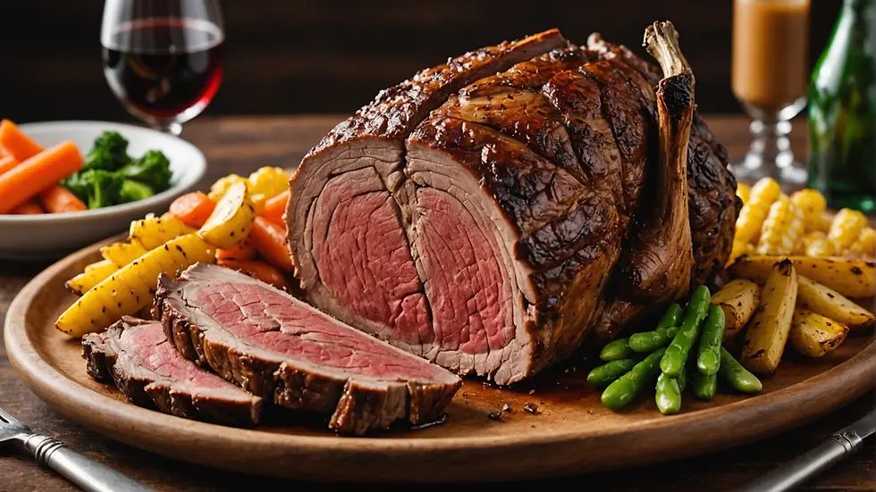 Perfectly carved standing rib roast served with sides