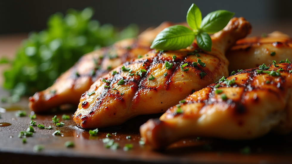Close-up view of grilled chicken with herb marinade