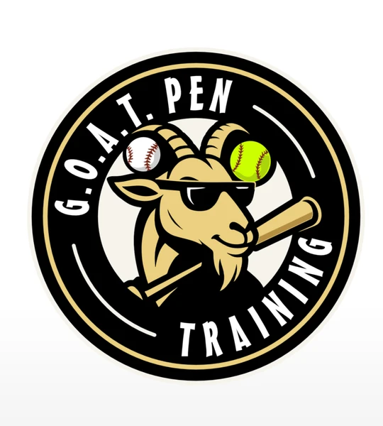 Logo with G.O.A.T. PEN TRAINING text and a goat wearing sunglasses, holding a bat with a baseball and softball stuck in each of its horns. Company logo.