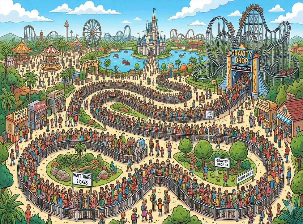 Ridiculously long line for theme park ride
