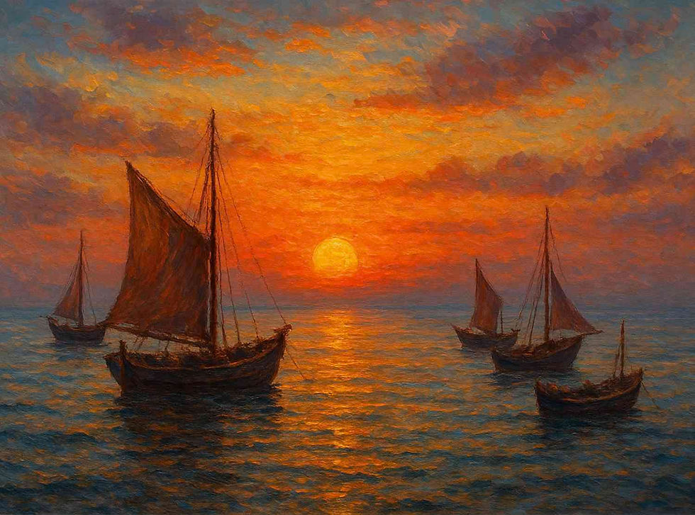 Sailboats glide on a tranquil sea under a vibrant orange sunset with scattered clouds, creating a warm and peaceful atmosphere.