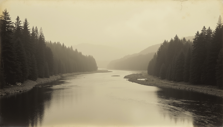 Eye-level view of Coquitlam River flowing through forested banks in early 1900s