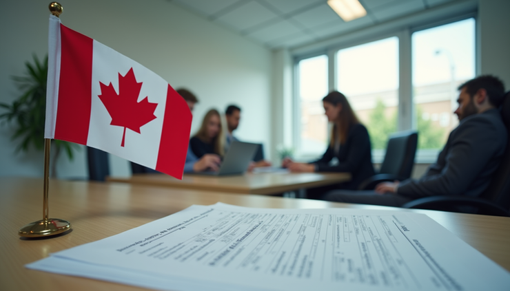 Eye-level view of a Canadian immigration office with application forms and a maple leaf flag