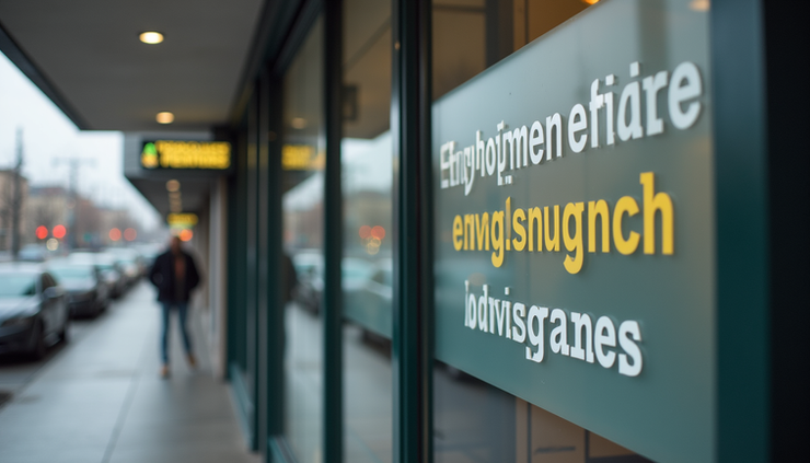 Eye-level view of a Canadian government office with a sign about employment services