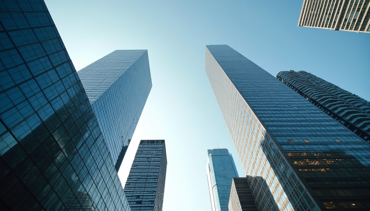 Eye-level view of a Canadian city skyline with modern office buildings and clear skies