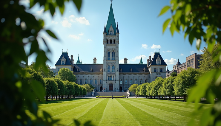 Eye-level view of the British Columbia Parliament Buildings surrounded by lush greenery