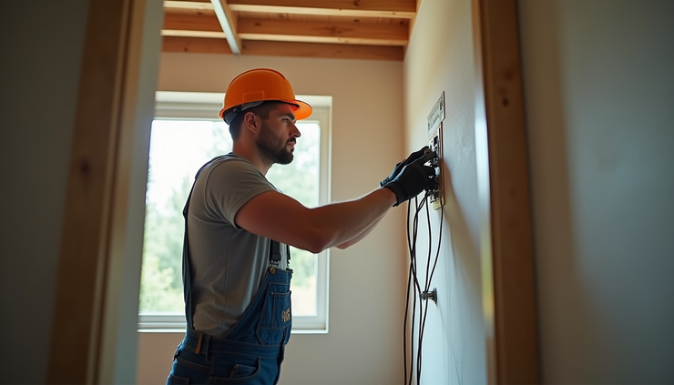 Eye-level view of a skilled tradesperson working on electrical wiring inside a residential building