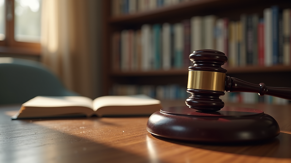 Eye-level view of a law office with legal books and a gavel
