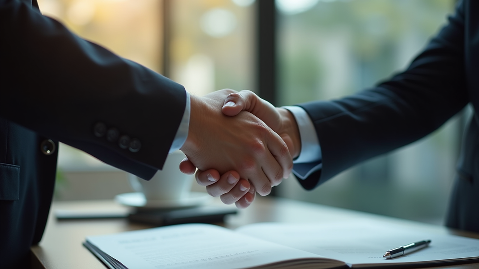 Close-up view of a handshake between a client and a lawyer in an office