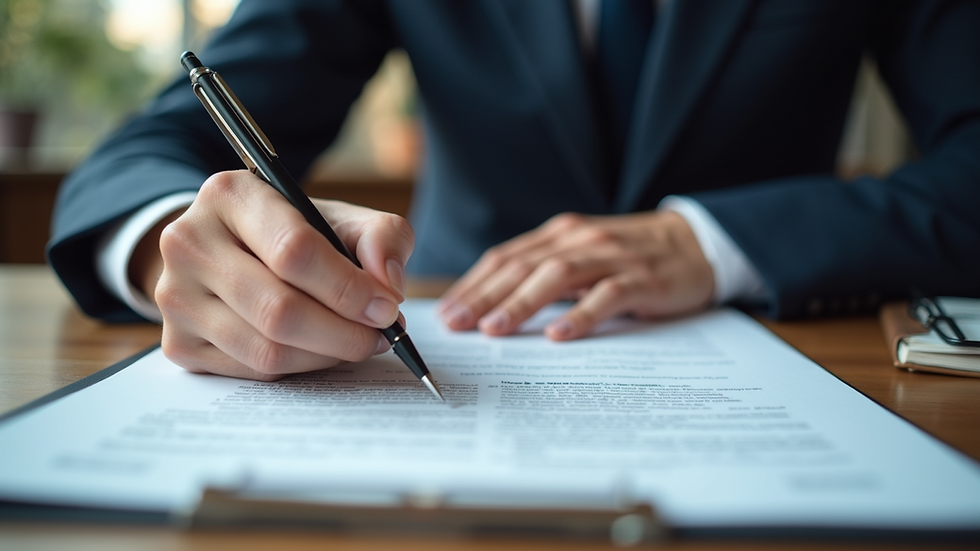 Close-up view of a lawyer reviewing documents at a desk