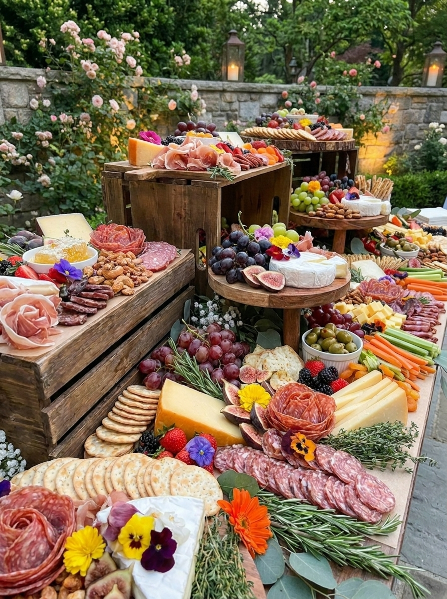 This elevated cocktail hour grazing table features artisan cheeses, cured meats, fresh seasonal fruit, nuts, crackers, and gourmet accompaniments beautifully styled across layered rustic displays. Designed for weddings, upscale events, and luxury celebrations, our grazing tables create an elegant and interactive catering experience for guests to enjoy throughout the evening.