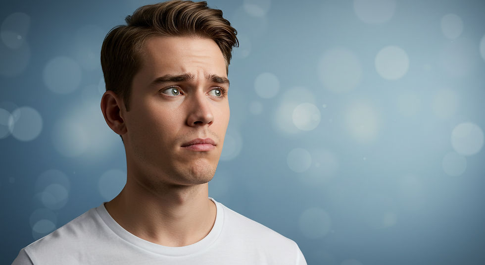 A young man with a worried expression staring off-camera against a soft blue background with light bokeh. Represents the distress and uncertainty associated with Sexual Orientation OCD and doubts about whether"I am gay'