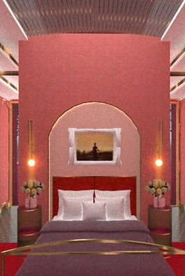 vista simétrica de la cama de la habitación de hotel, colores rosados y dorados 