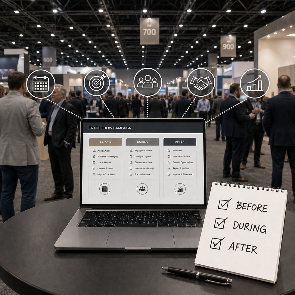 Laptop with marketing dashboards at a trade show desk; notebook reads TRADE SHOW CHECKLIST: BEFORE, DURING, AFTER, blue icons around it