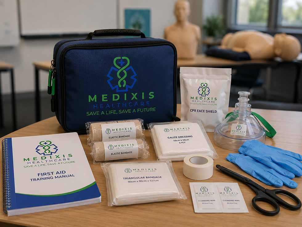 Close-up view of first aid equipment laid out for training