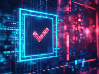 Digital checkmark icon glowing on a futuristic background of blue and red circuitry, symbolizing validation and data verification.