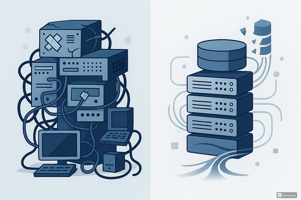Professional business illustration showing a chaotic "Frankenstack" technology system on the left side - multiple disconnected computer servers, cables, and tech components haphazardly patched together with duct tape and wires, creating a monster-like appearance. On the right side, show a clean, streamlined, unified technology stack with organized servers and smooth connections.