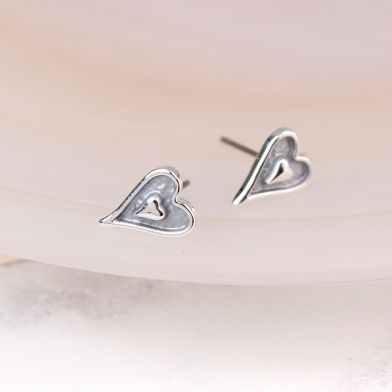 POM Silver plated grey enamel heart inset stud earrings