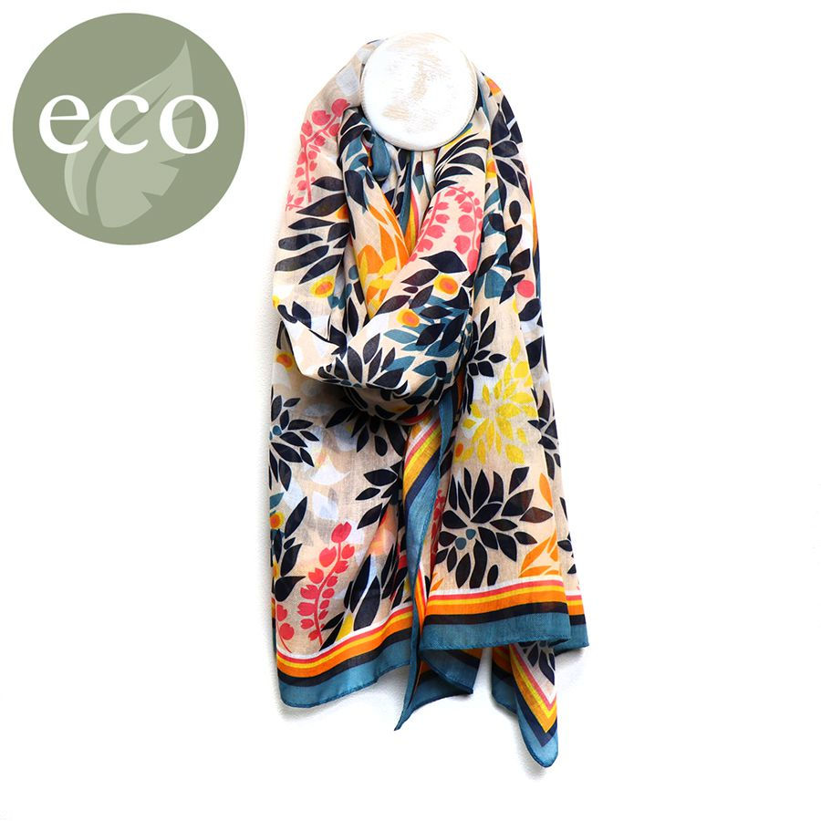 Recycled mustard, blue and pink mix leaf print scarf