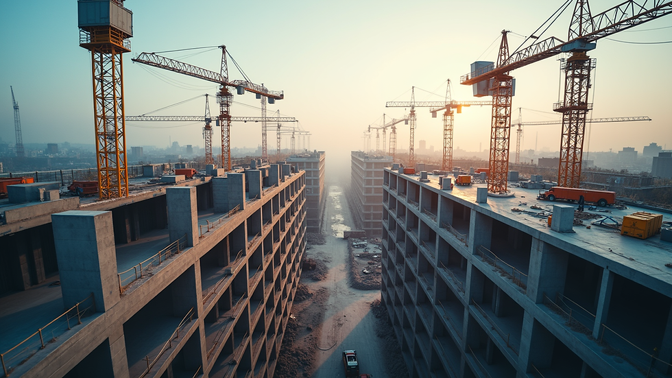 High angle view of a construction site with cranes and building framework