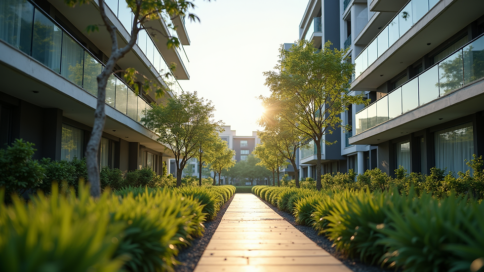 Eye-level view of a modern residential complex surrounded by greenery