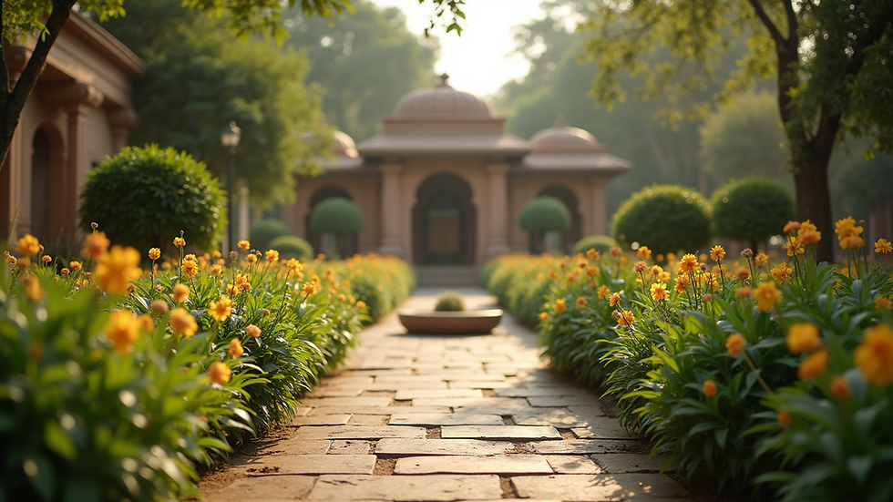 Eye-level view of a tranquil garden in Vrindavan