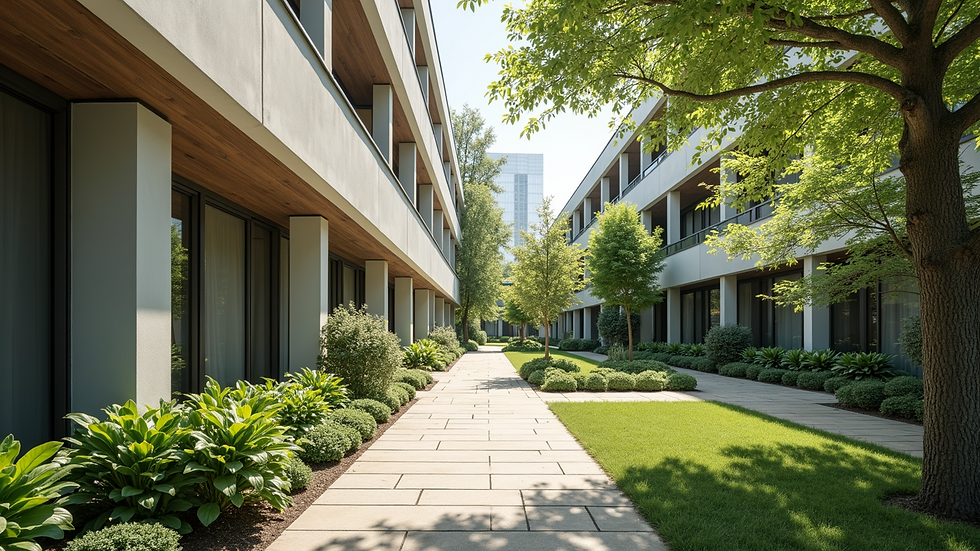 Eye-level view of a serene garden area in a residential complex