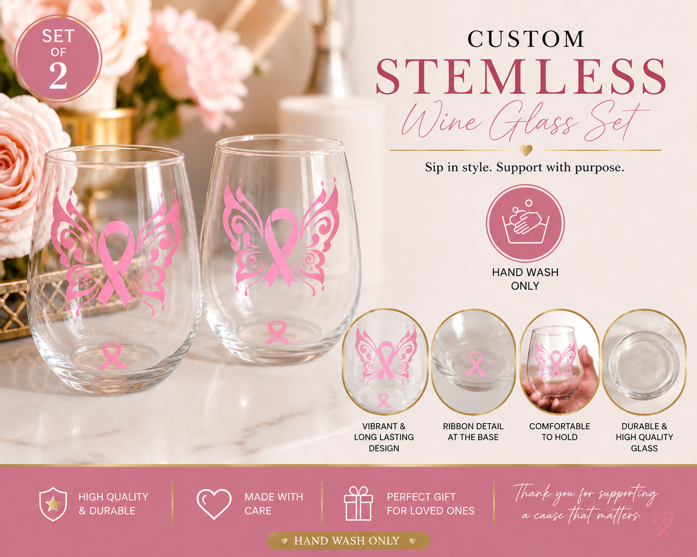 Breast Cancer Awareness Stemless Wine Glass Set | Set of 2