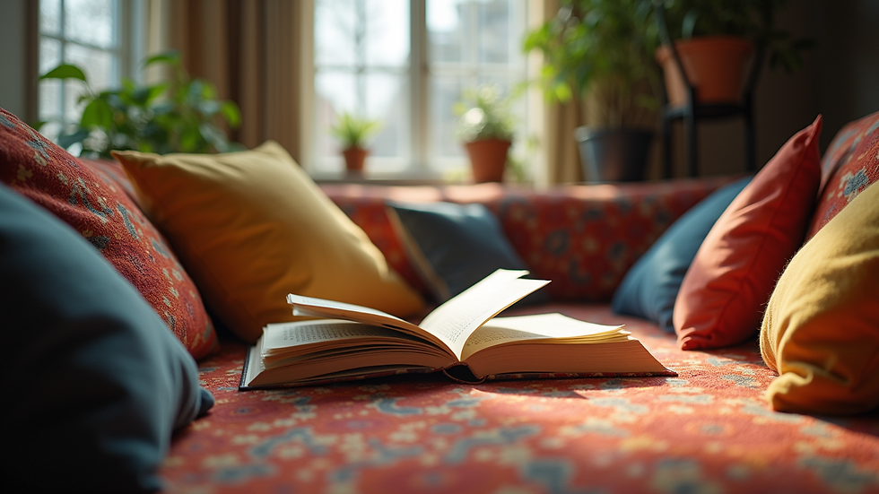 Eye-level view of a cozy reading nook with colorful cushions