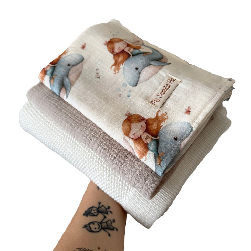 Thumbnail: Set neonato con coperta bambù e cotone + 2 Mussole bianco e beige