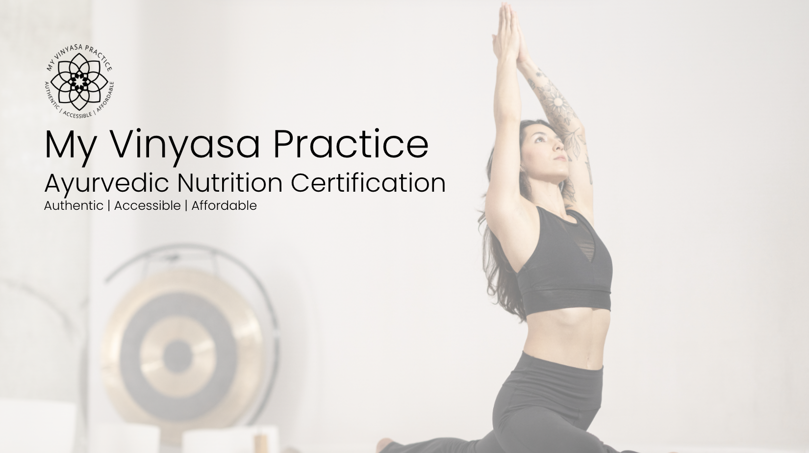 My Vinyasa Practice Ayurvedic Nutrition Certification online course thumbnail with student in upward salute