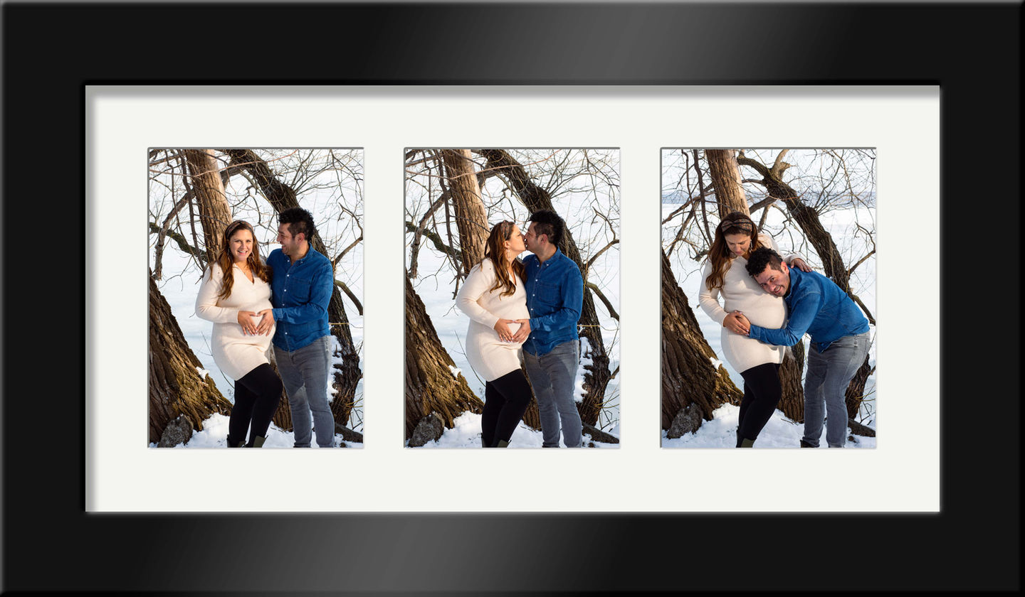 Couple posing in snowy outdoor setting, three photos.