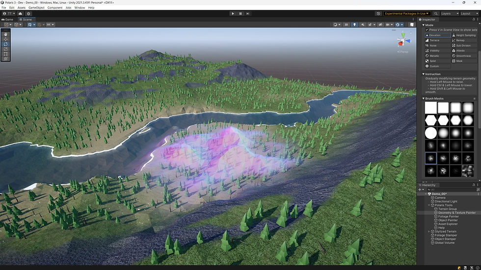 Polaris terrain sculpting brush active on a low poly mesh terrain in Unity, showing brush masks panel and elevation paint tools in the inspector