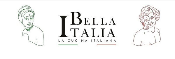 Logo Bella Italia con figure classiche, rappresentante l'autenticità della cucina italiana.