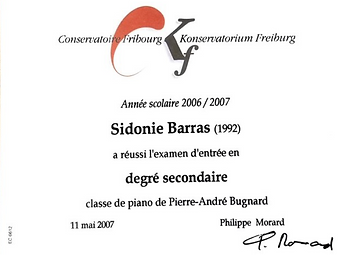 Certificat du Conservatoire de Fribourg de Sidonie Barras, professeur de piano