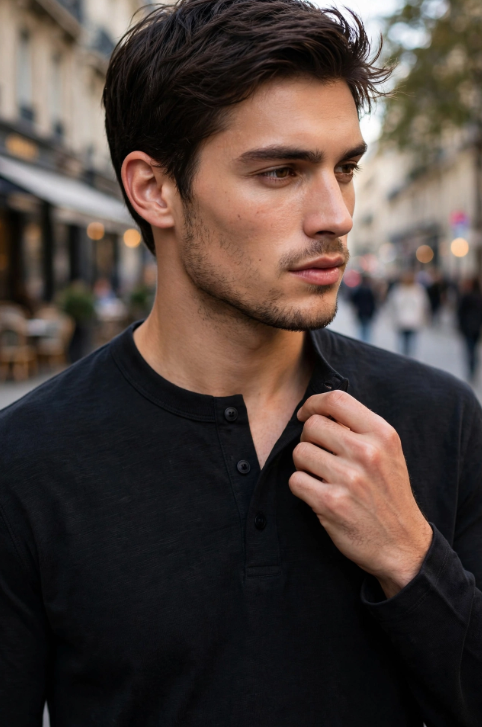 Miniatura: DUKEEN Camisa Henley de Manga Longa 100% Algodão - Preta