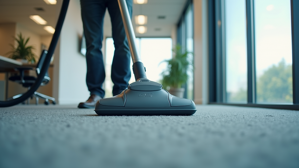 Eye-level view of a professional cleaner vacuuming a modern office carpet