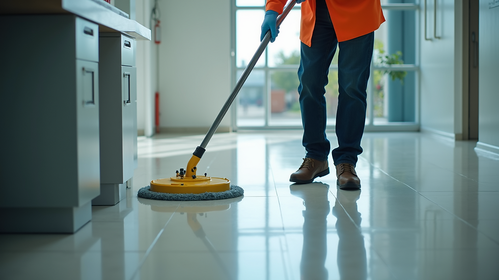 High angle view of a janitor polishing a commercial floor