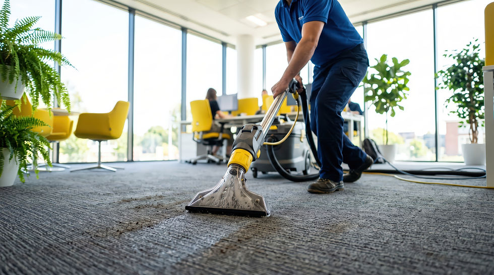 Professional cleaner using a carpet extraction machine to deep clean office carpets in a modern commercial workspace.
