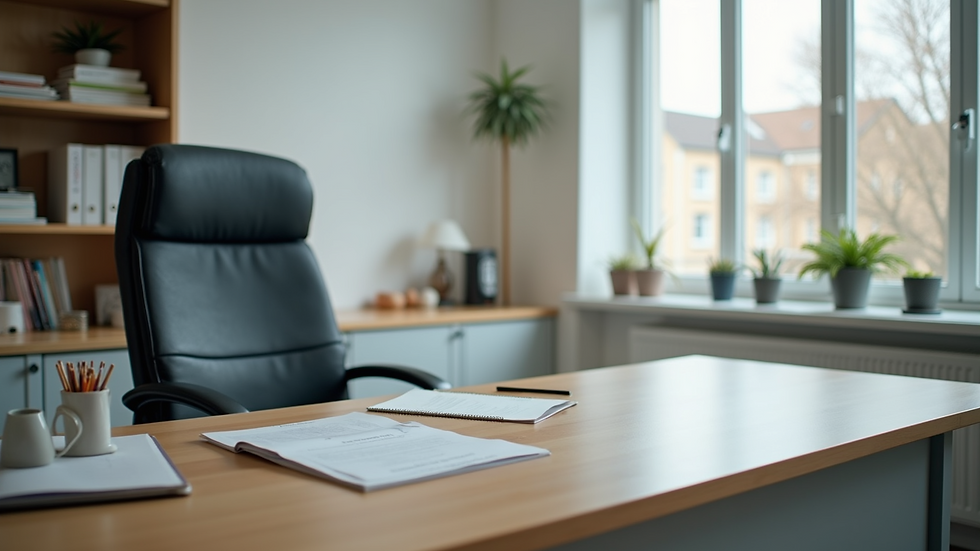 High angle view of a clean and organised office space with a polished desk