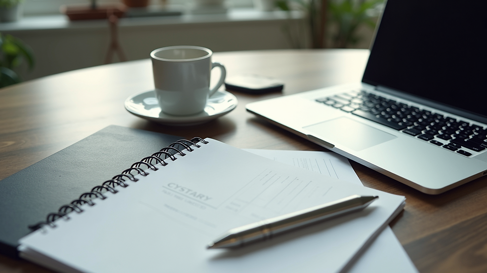 High angle view of a clean and organised office desk with a laptop and stationery